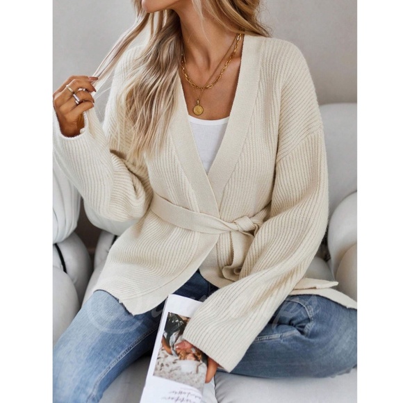 Beige Knit Kimono Sweater Tie Belt Loose Fit Drop Shoulder Wrap - Picture 2 of 7